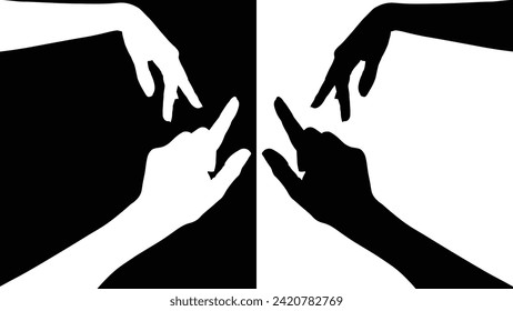 set of hand silhouettes isolated on white and black background, Vector collection of human hands of different gestures, hands gesturing black, Black hands silhouettes, vector illustration