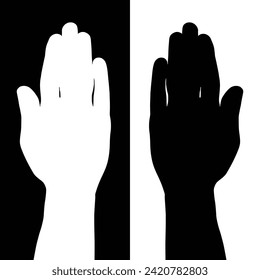 set of hand silhouettes isolated on white and black background, Vector collection of human hands of different gestures, hands gesturing black, Black hands silhouettes, vector illustration