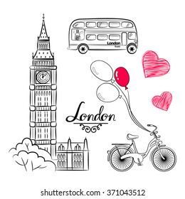 set of hand sketch World famous landmark collection : Big Ben London, England, bike, balloons, bus. Vector illustration