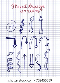 Set of hand sketched arrows isolated on checkered notebook sheet. Vector illustration for your design.