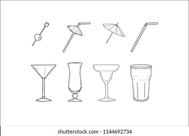 Set of hand sketched cocktail glasses and cocktail umbrella, straw and olive. Collection made for web design, menu, bar, restaurant, shop, logo, print. Each element on a separate layer. Vector.