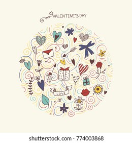 Set of hand sketched colorful doodles with swirls for Saint Valentines.  Nice  vector elements, ideal for design of greeting cards, banners, invitations etc.