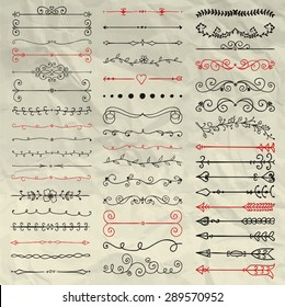 Set of Hand Sketched Doodle Design Elements. Decorative Floral Dividers, Arrows, Swirls, Scrolls and Branches on Crumpled Paper Texture. Pen Drawing Vintage Vector Illustration. Pattern Brushes