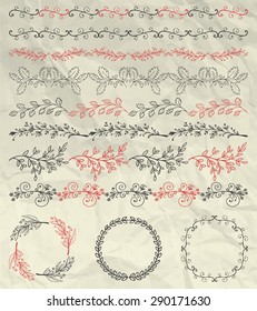 Set of Hand Sketched Doodle Design Elements. Artistic Hand Sketched Decorative Doodle Vintage Seamless Borders and Frames on Crumpled Paper Texture. Pen Drawing Vector Illustration. Pattern Brushes