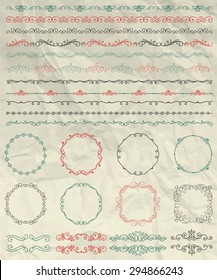 Set of Hand Sketched Doodle Design Elements. Artistic Hand Sketched Decorative Doodle Vintage Seamless Borders and Frames on Crumpled Paper Texture. Pen Drawing Vector Illustration. Pattern Brushes