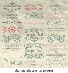 Set of Hand Sketched Doodle Design Elements. Decorative Floral Dividers, Borders, Swirls, Scrolls, Text Frames on Crumpled Paper Texture. Pen Drawing Vintage Vector Illustration. 