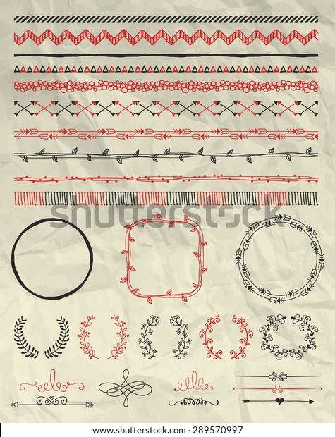 Set of Hand Sketched Doodle Seamless Borders.\
Decorative Floral Dividers, Arrows, Swirls and Branches on Crumpled\
Paper Texture. Pen Drawing Vector Illustration. Pattern Brushes.\
Design Elements