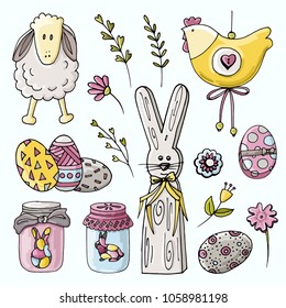 Set of Hand sketched easter symbol elements. Isolated on white background. Easter eggs, lamb, chicken, easter rabbit, flowers and twigs. Vector Illustration.