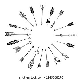 a set of hand sketched isolated on white arrows in boho style