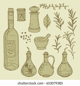 Set of Hand sketched italian Cuisine. Vector of drawn mediterranean food element. Kitchen accessories, bottle of wine, vinegar, olive oil, thyme, rosemary, pepper. Traditional europe meal, ink style.