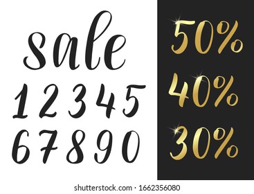 Set of hand sketched numbers. Lettering brush numbers as constructor of sale discount. Golden numbers with lights and sparkles. Vector illustration EPS 10
