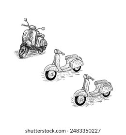 set of Hand sketched scooter banner. Vector retro motorroller illustration.