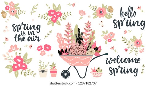 Set of hand sketched spring season vector flowers, leaves, branches and bouquets and hand written lettering words and phrases hello spring, welcome spring, spring in the air