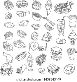 Set hand sketches doodle food fast food and sushi, vector set for your design.