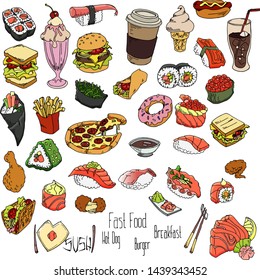 Set hand sketches doodle food fast food and sushi, vector set for your design.