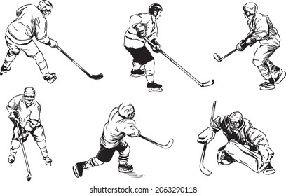 Set of hand sketches of hockey players