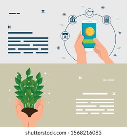 set of hand with smartphone and icons vector illustration design