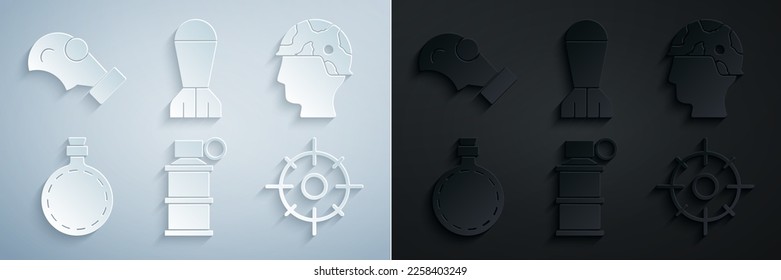 Fijar granada de humo de mano, soldado del ejército, botella de agua de Canteen, Deportes de destino, Bomba de aviación e ícono de máscara de gas. Vector