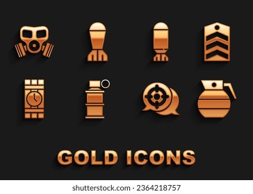 Set Hand smoke grenade, Chevron, Target sport, Dynamite timer clock, Aviation bomb, Gas mask and  icon. Vector