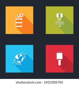 Set Hand smoke grenade, Military reward medal, Bomb explosive planet earth and Anti-tank hand icon. Vector