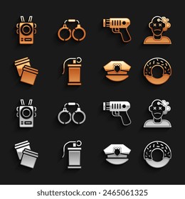 Set Hand smoke grenade, Murder, Donut, Police cap with cockade, Plastic bag ziplock, electric shocker, body camera and Handcuffs icon. Vector