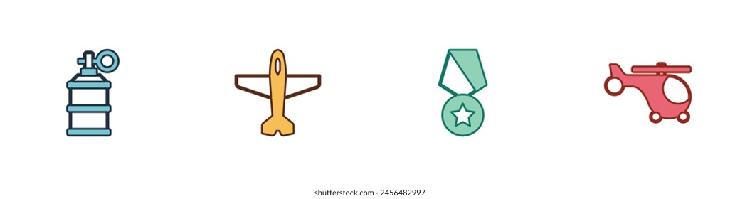 Set Hand smoke grenade, Plane, Military reward medal and Helicopter icon. Vector