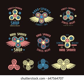 Set of hand spinner emblems and icons. Color print on black background