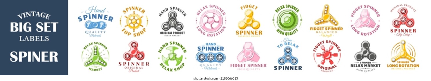 Set of hand spinner labels and logos. Design elements fidget spinners. Vector illustration 