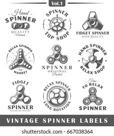 Set of hand spinner labels and logos. Design elements fidget spinners. Vector illustration 