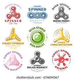 Set of hand spinner labels and logos. Design elements fidget spinners. Vector illustration 