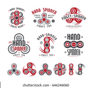 Set of hand spinner logo, emblems and icons. Color print on white background