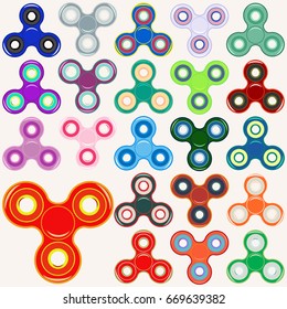 Set of hand spinner toys in different colors. Vector illustration