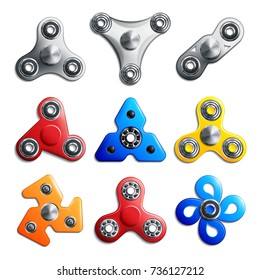 Set of hand spinner toys of various color and shape on white background isolated vector illustration