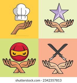 Set of hand with star, ninja ball, sword and white hat vector illustration.