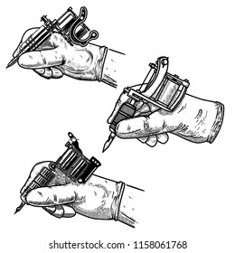Set of hand with tattoo machine isolated on white. Design element for poster, card, nabber, flyer, emblem. Vector illustration
