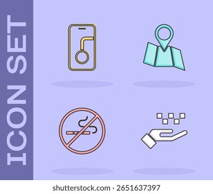Set Hand with taxi, City map navigation, No Smoking and Folded location icon. Vector
