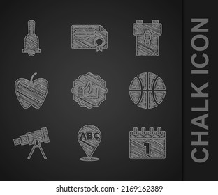 Set Hand thumb up, Alphabet, Calendar first september date, Basketball ball, Telescope, Apple, School backpack and Ringing bell icon. Vector