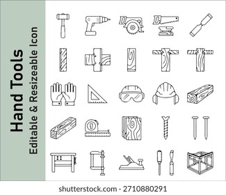 Satz von Handwerkzeugsymbolen, einschließlich Hammer, Schraubendreher, Schraubenschlüssel, Zange, Säge und Bohrer. Perfekt für Heimwerker-, Bau-, Reparatur- und Werkstattdesigns.