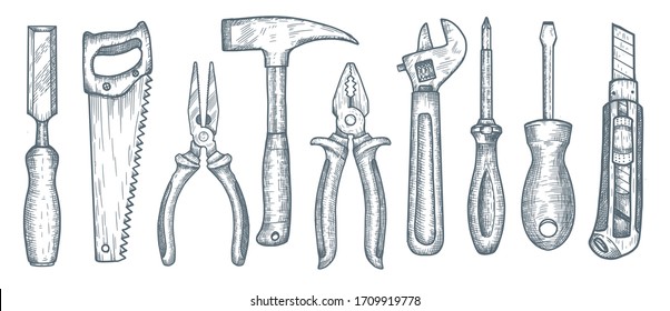 Set of hand tools. Collection of hand drawn engraved graphic. Vector illustration