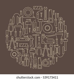 A set of hand tools for construction and repair located inside the circle on a brown background. Vector illustration.