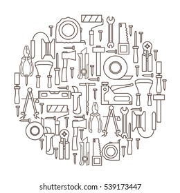 A set of hand tools for construction and repair located inside the circle on a white background. Vector illustration.