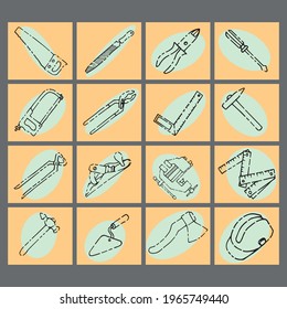 Set of hand tools. Different elements isolated on green yellow background. 
Hand drawn vector illustration of a sketch style