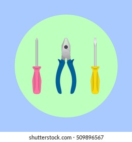 Set of hand tools: flat-blade screwdriver, cross-head screwdriver and pliers