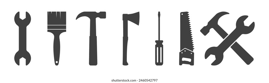 Conjunto de iconos de herramientas de mano sobre fondo blanco.