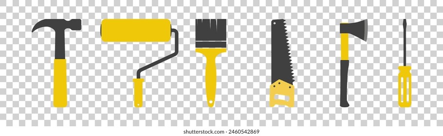 Conjunto de iconos de herramientas de mano sobre fondo blanco.