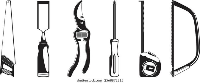 Set of hand tools illustration - saw, chisel, pruner, screwdriver, measuring tape, and hacksaw for DIY and repairs