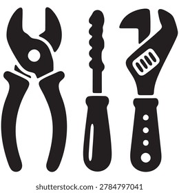 Set of hand tools, including pliers, adjustable wrench, file, and screwdriver, black icons on white background.