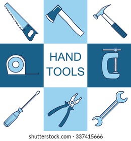 Set of hand tools. Line icons set with flat design elements. Vector clip-art illustration