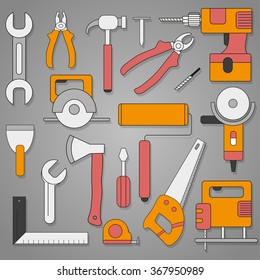 set of hand tools on a gray background with  shadow