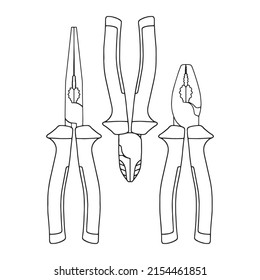 Un conjunto de herramientas manuales. Pinzas, alicates y una cortadora lateral. Diseño de línea plana. Ilustración aislada en un fondo blanco. Herramientas - alicates, alicates, cortadoras laterales